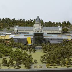 Model of Melbourne Museum, Royal Exhibition Building and Carlton Gardens. View from north.