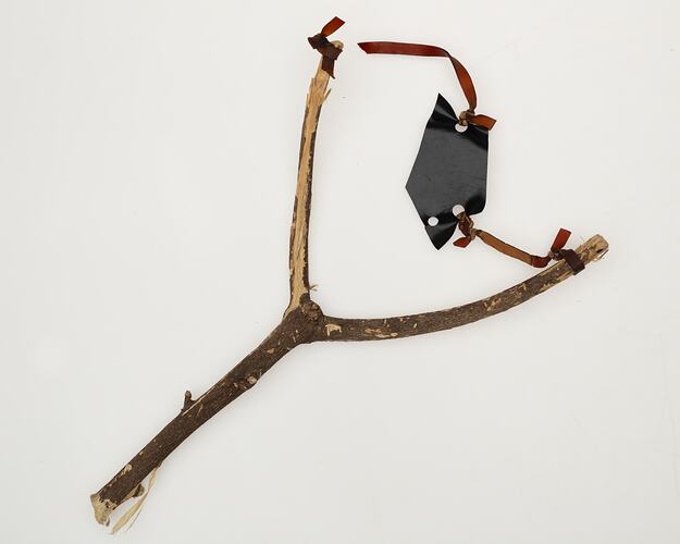 Slingshot made from a forked tree branch with a rubber band.