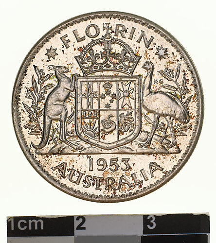 Proof Coin - Florin (2 Shillings), Specimen Strike, Australia, 1953, photographed by Museums Victoria
