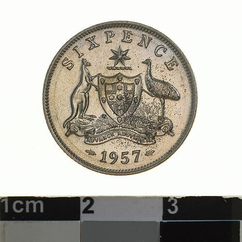 Proof Coin - Sixpence, Australia, 1957, photographed by Museums Victoria