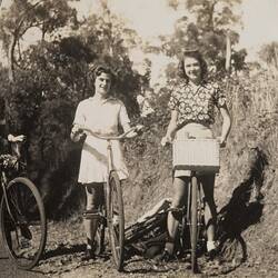 Digital Photograph - Three Girls Riding their Bikes to Ferntree Gully, 1940