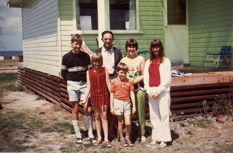 Digital Photograph - Family Standing Outside Holiday House, Smiths Beach, Phillip Island, 1970