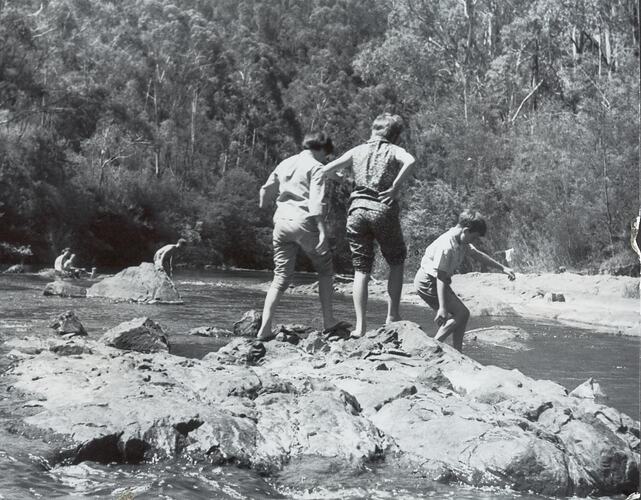 Digital Photograph - Family Exploring a Rocky River Bank, Pound Bend, 1967