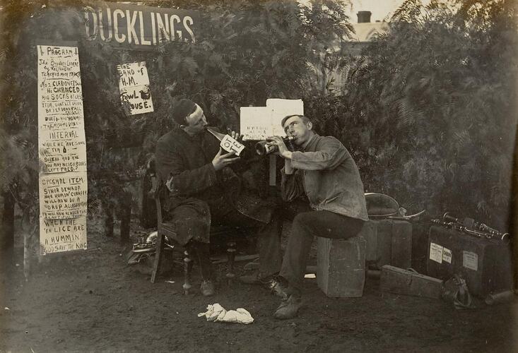 Digital Photograph - 'The Calithumpian Band', Two Men Pose with Beer Bottles, Backyard, Brunswick, circa 1913