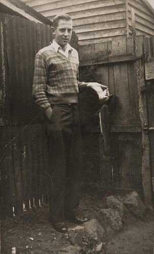 Digital Photograph - Man holding Trout from Eildon Weir, Abbotsford, 1950
