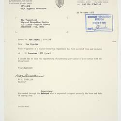 Letter - Education Department to Lili Sigalas, Acknowledgement of Resignation, 24 Oct 1972