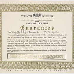 Guarantee Certificate - The Myer Emporium, 1957