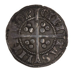 Coin, round, long cross with three beads in the angles; text around outside a circle of beads.