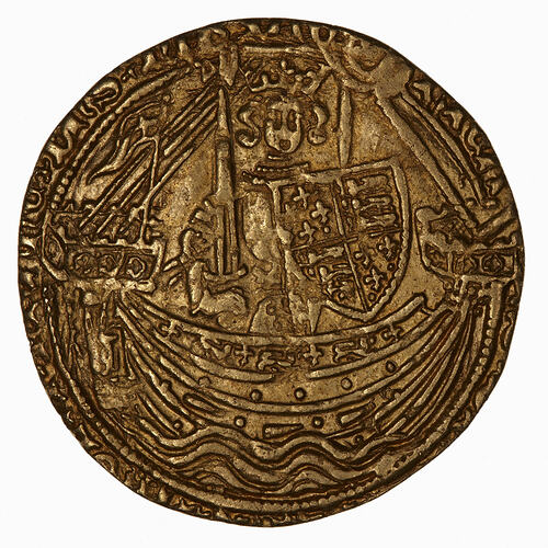 Coin, round, crowned King stands facing on a ship (flag at stern) holding a sword and a shield.