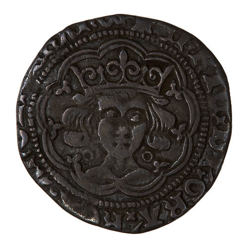 Coin, round, crowned bust of the King facing within a tressure of nine arches; text around.