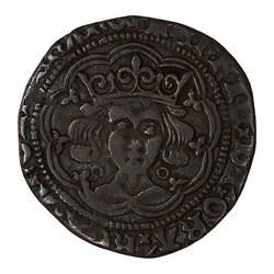 Coin, round, crowned bust of the King facing within a tressure of nine arches; text around.