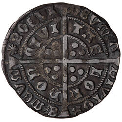 Coin, round, long cross pattee dividing legend; text around in two concentric circles.