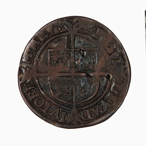 Coin, round, within beaded circle, cross fourchee quartered with the arms of France and England.