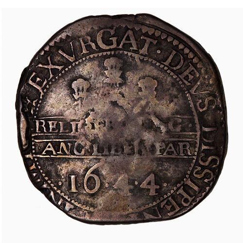 Coin, round, at centre within a beaded circle, three plumes; text below and around.