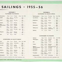 Sailing Schedule - SS Southern Cross, Shaw Savill Line, 1955-56