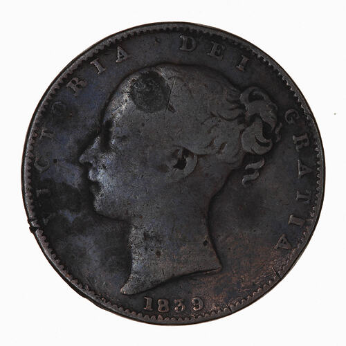 Coin - Farthing, Queen Victoria, Great Britain, 1839 (Obverse)