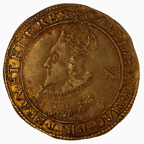 Coin, round, Within beaded circle crowned bust of king in coronation robes; behind head, X; text around.