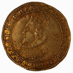 Coin, round, Within beaded circle crowned bust of king in coronation robes; behind head, X; text around.