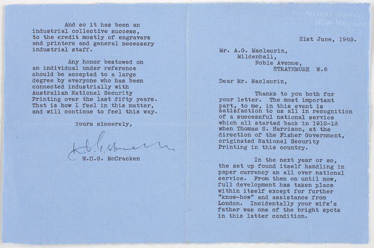 Letter - to AG Maclaurin, from WCG McCracken, 21st June, 1963