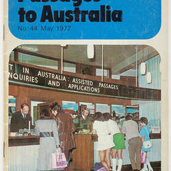 Booklet cover with people standing at a counter.