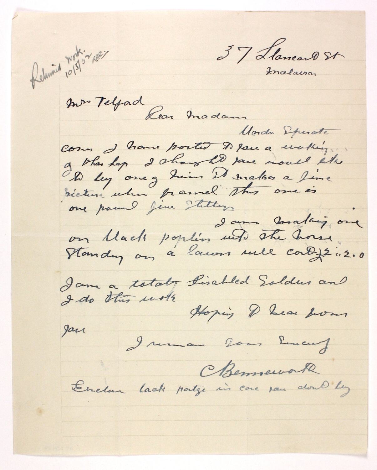 Letter - Unknown to Mrs Telford, Phar Lap's Death, 1932