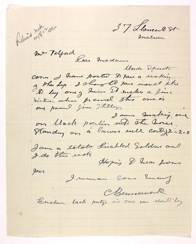 Letter - Unknown to Mrs. Telford, Phar Lap's Death, 1932