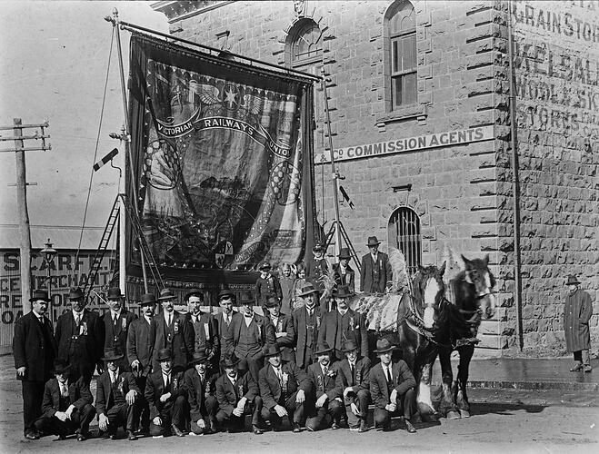 Members of the Ballarat branch of the Victorian Railways Union assembled on Eight Hours Day.