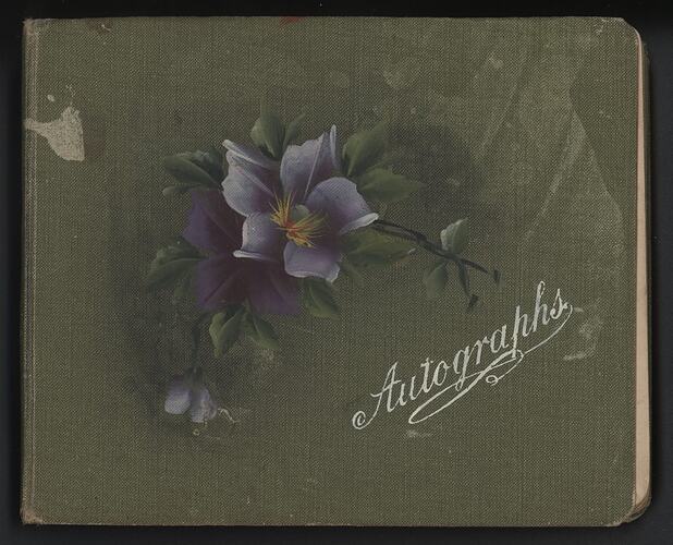 Painting of purple flowers on dark green background with white handwritten text.