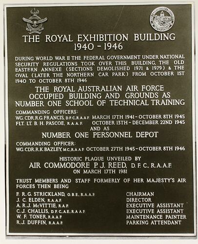 Photograph - Plaque Commemorating the Fourtieth Anniversary of the Occupation of the Royal Exhibition Buildings by the RAAF, 17 Mar 1981