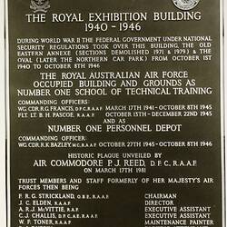 Photograph - Plaque Commemorating 40th Anniversary of Occupation of Royal Exhibition Buildings by the RAAF, 17 Mar 1981