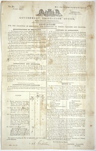 Leaflet - British Government Emigration Office, Australian Colonies, November 1851