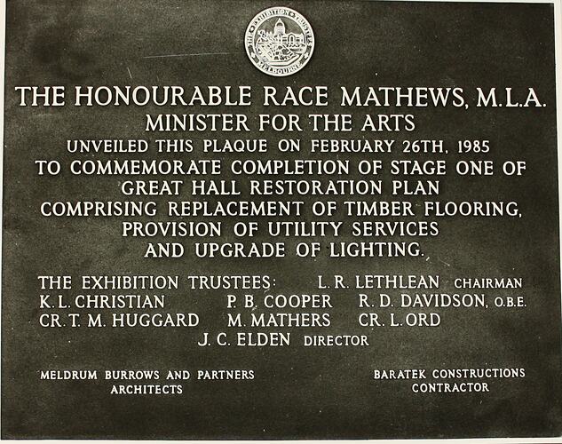 Photograph - Programme '84, Plaque Commemorating State One of the Geat Hall, Royal Exhibition Buildings, 26 February 1985