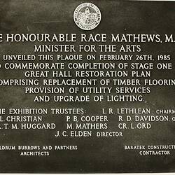 Photograph - Programme '84, Plaque Commemorating State One of the Geat Hall, Royal Exhibition Buildings, 26 February 1985