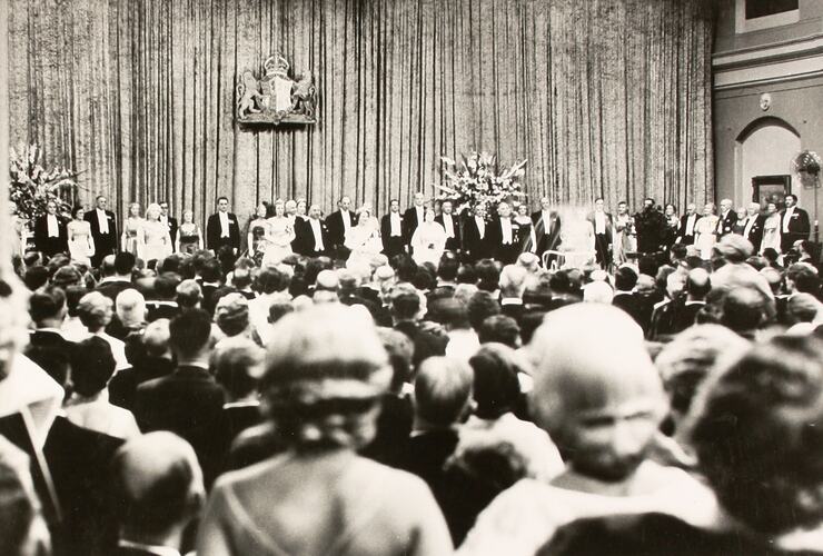 Photograph - Official Party in the Great Hall during the Royal Visit, Exhibition Building, Melbourne, 27 Feb 1958
