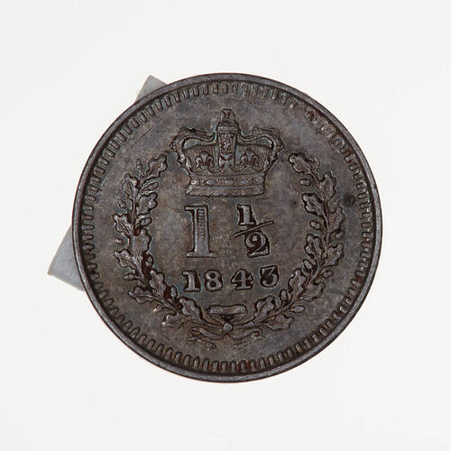 Coin - Three-Halfpence, Queen Victoria, Great Britain, 1843 (Reverse)