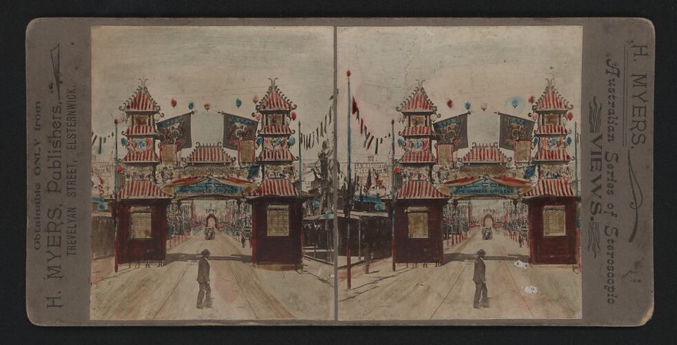 Stereograph - Federation Celebrations, Chinese Arch, by G.H. Myers, Melbourne, Victoria, 1901