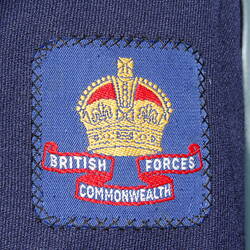Detail of blue cloth shoulder patch. Embroidered yellow and red crown atop a red scroll with white text.