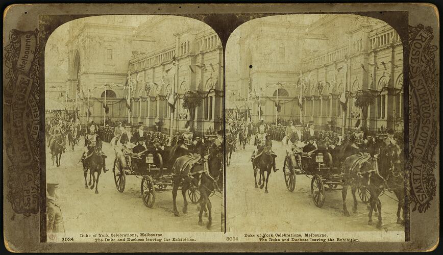 Stereograph - Federation Celebrations, Duke & Duchess of Cornwall & York Leaving the Exhibition Building, Melbourne, Victoria, 1901