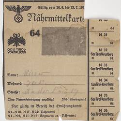 Ration Card - Issued to Wieser family, Germany, circa 1942