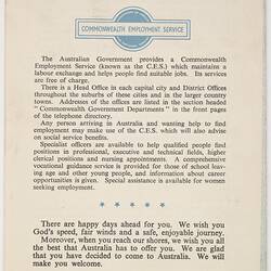 Leaflet - 'A Welcome Awaits', Department of Labour & National Service, 1956, back cover