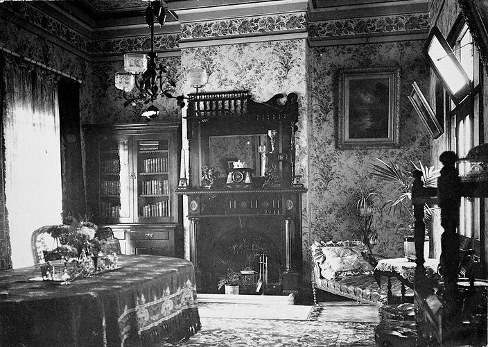Ornate living room with bookcase, decorative fireplace, furniture and plants.