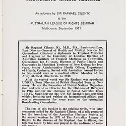 Booklet - Sir Raphael Cilento, 'Australia's Racial Heritage', Australian League of Rights, 1971