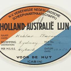 Baggage Label - Holland Australia Line, Nijkerk, Cabin, 19 Apr 1959
