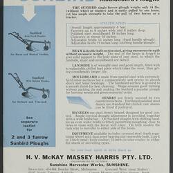 Publicity Flyer - H.V. McKay Massey Harris, Sunbird, Mouldboard Ploughs, 1945