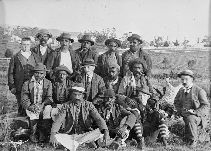 Group portrait at Coranderrk Aboriginal Station, Victoria, 1885-1905