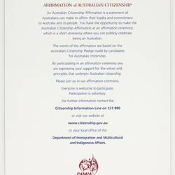 Certificate - Affirmation of Citizenship, Australian Citizenship Affirmation Pack, Department of Immigration