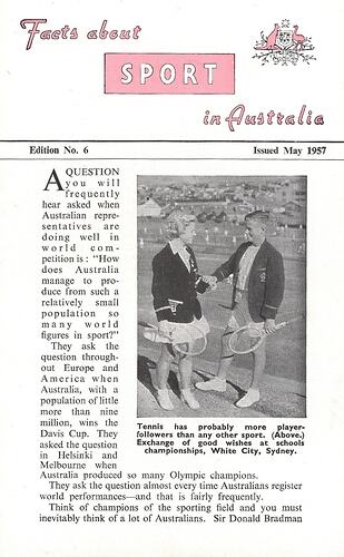 Booklet - 'Facts about Sport in Australia', Dept of Immigration, Australia House, London, May 1957