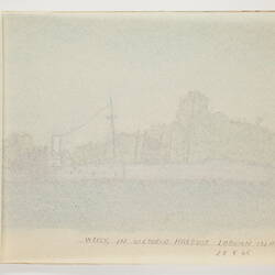 Open book page, with tracing paper above faint outlines of drawing of a ship in harbour below.