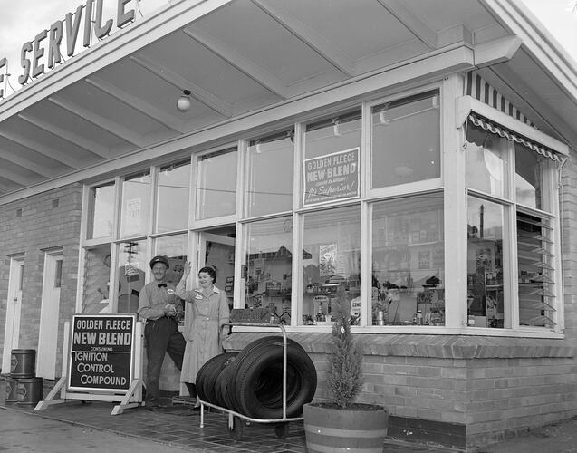 Negative - HC Sleigh Ltd, Employees Standing Oustide Golden Fleece Service Station, Balwyn, Victoria, May 1954