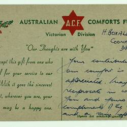 Postcard - Australian Comforts Fund, H. Boxall, to Mr. & Mrs. Henry J. Malval, circa 1943-1945